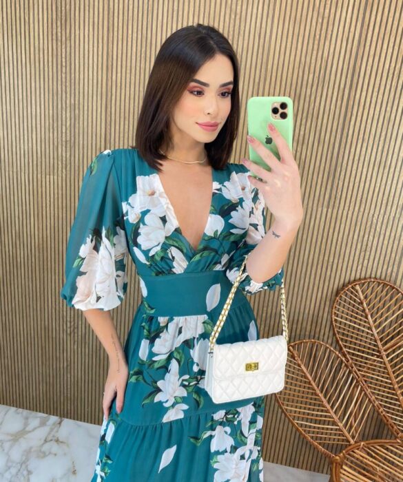 Vestido Longo sem Bojo Manga 3/4 Luna Estampado Verde - Fernanda Ramos Store