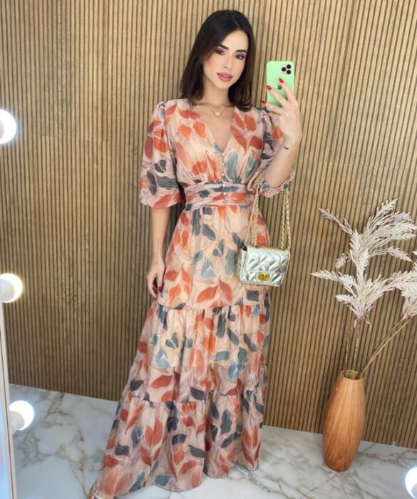 Vestido Longo sem Bojo Manga 3/4 Maitê Estampado Bege - Fernanda Ramos Store