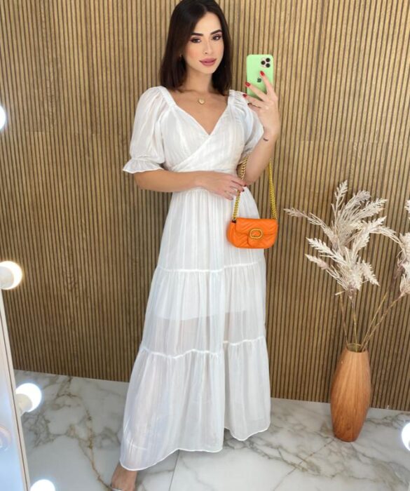 Vestido Longo sem Bojo Manga Curta Aurora Branco - Fernanda Ramos Store