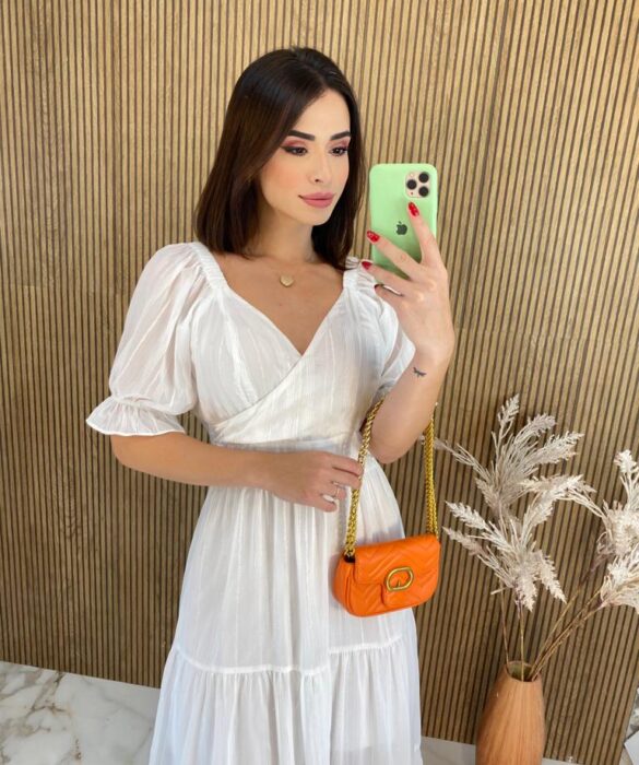 Vestido Longo sem Bojo Manga Curta Aurora Branco - Fernanda Ramos Store