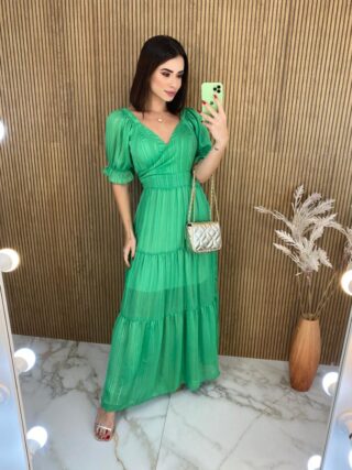 Vestido Longo sem Bojo Manga Curta Aurora Verde - Fernanda Ramos Store