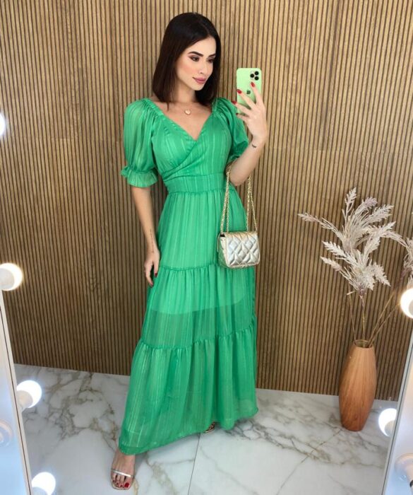 Vestido Longo sem Bojo Manga Curta Aurora Verde - Fernanda Ramos Store