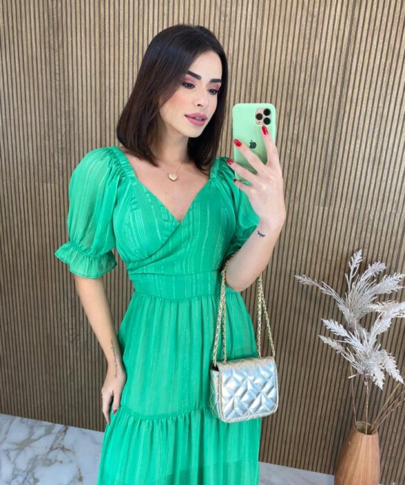 Vestido Longo sem Bojo Manga Curta Aurora Verde - Fernanda Ramos Store