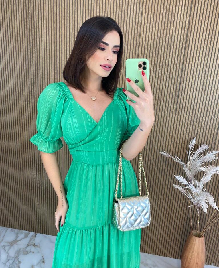 Vestido Longo sem Bojo Manga Curta Aurora Verde - Fernanda Ramos Store