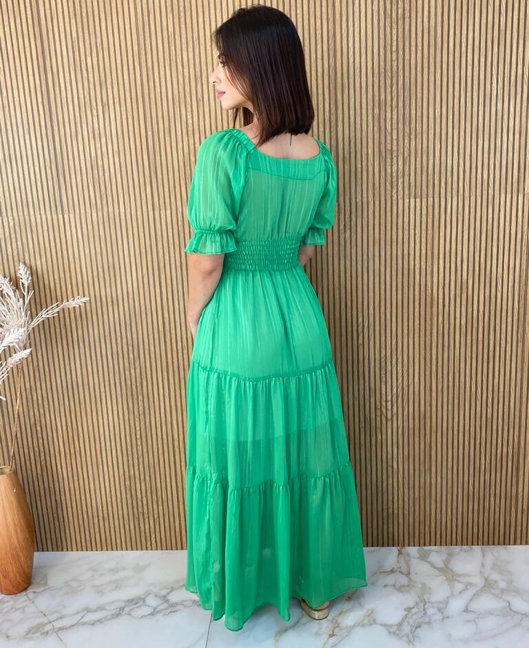 Vestido Longo sem Bojo Manga Curta Aurora Verde - Fernanda Ramos Store