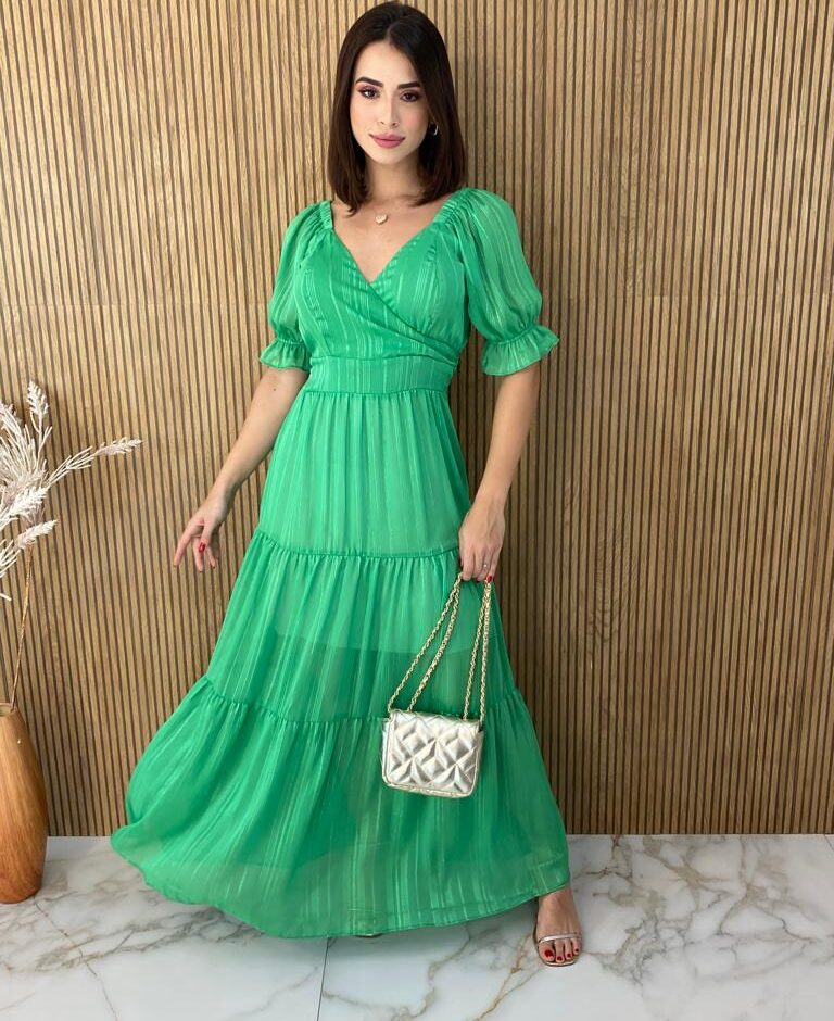Vestido Longo sem Bojo Manga Curta Aurora Verde - Fernanda Ramos Store