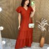 Vestido Longo sem Bojo Manga Curta Pipoquinha Terracota - Fernanda Ramos Store