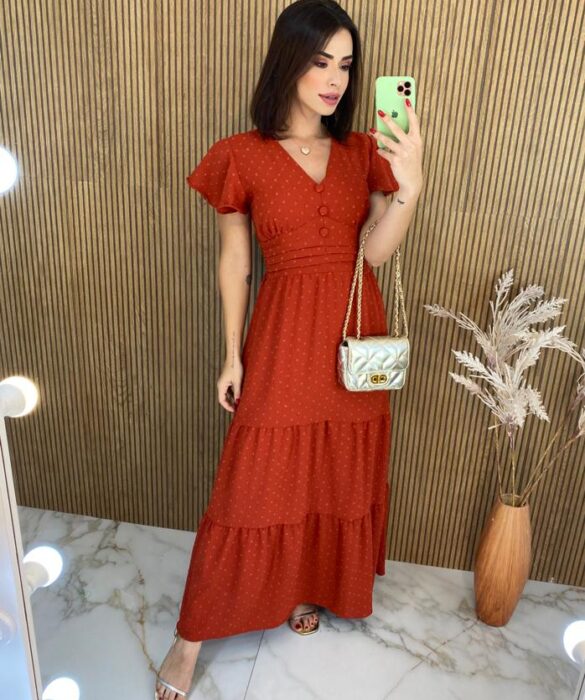 Vestido Longo sem Bojo Manga Curta Pipoquinha Terracota - Fernanda Ramos Store