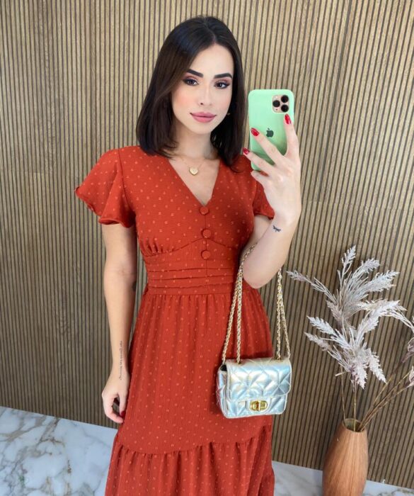 Vestido Longo sem Bojo Manga Curta Pipoquinha Terracota - Fernanda Ramos Store