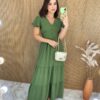 Vestido Longo sem Bojo Manga Curta Pipoquinha Verde Militar - Fernanda Ramos Store