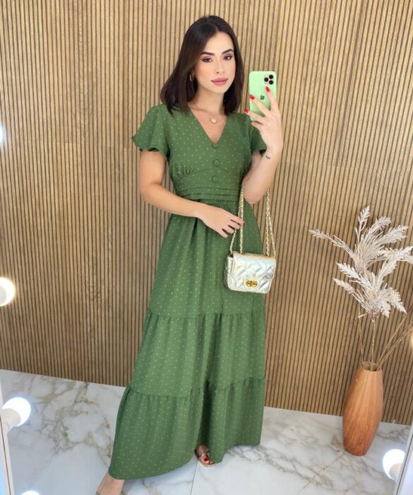 Vestido Longo sem Bojo Manga Curta Pipoquinha Verde Militar - Fernanda Ramos Store