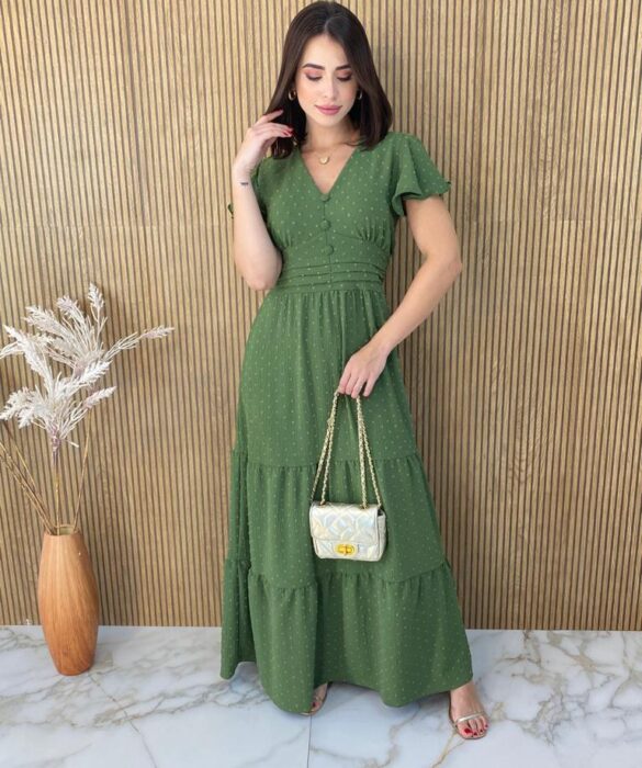 Vestido Longo sem Bojo Manga Curta Pipoquinha Verde Militar - Fernanda Ramos Store