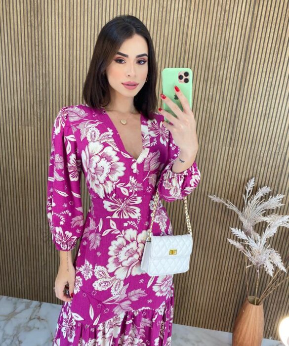 Vestido Longo sem Bojo Manga Longa com Abertura Floral Pink - Fernanda Ramos Store