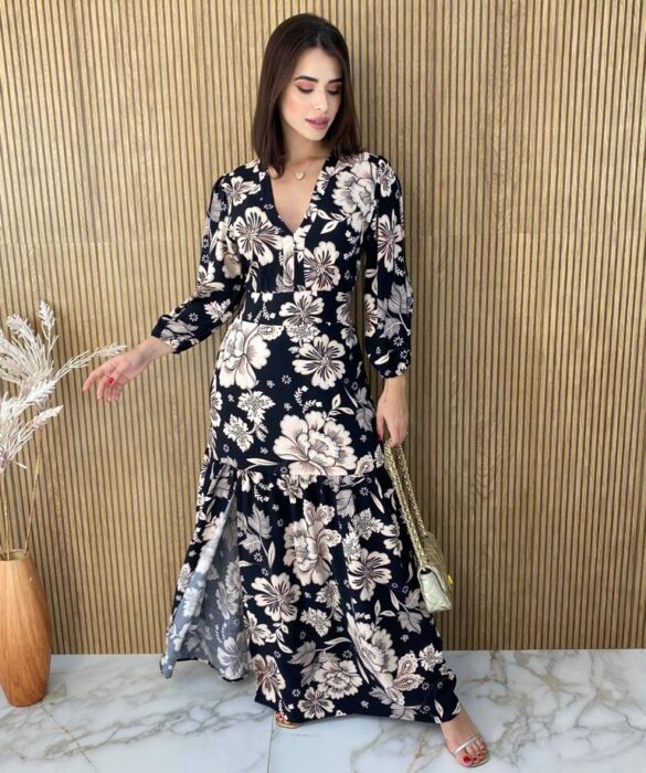 Vestido Longo sem Bojo Manga Longa com Abertura Floral Preto - Fernanda Ramos Store