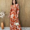 Vestido Longo sem Bojo Manga Longa com Abertura Floral Terracota - Fernanda Ramos Store