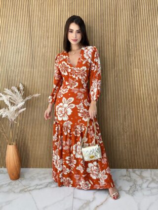 Vestido Longo sem Bojo Manga Longa com Abertura Floral Terracota - Fernanda Ramos Store