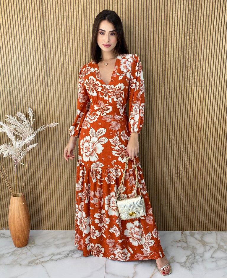 Vestido Longo sem Bojo Manga Longa com Abertura Floral Terracota - Fernanda Ramos Store