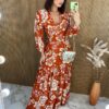 Vestido Longo sem Bojo Manga Longa com Abertura Floral Terracota - Fernanda Ramos Store