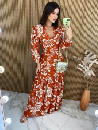 Vestido Longo sem Bojo Manga Longa com Abertura Floral Terracota - Fernanda Ramos Store