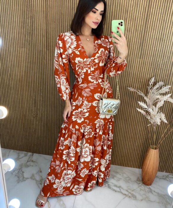 Vestido Longo sem Bojo Manga Longa com Abertura Floral Terracota - Fernanda Ramos Store