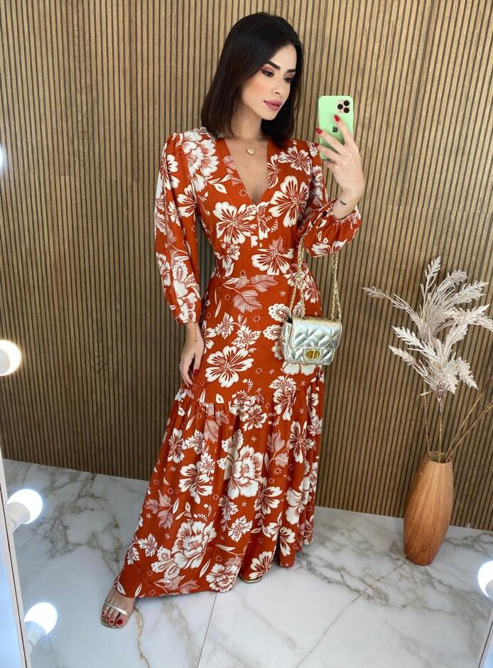 Vestido Longo sem Bojo Manga Longa com Abertura Floral Terracota - Fernanda Ramos Store