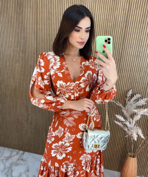 Vestido Longo sem Bojo Manga Longa com Abertura Floral Terracota - Fernanda Ramos Store