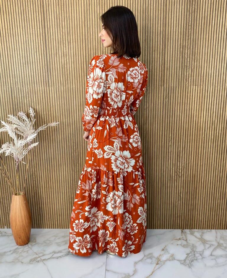 Vestido Longo sem Bojo Manga Longa com Abertura Floral Terracota - Fernanda Ramos Store