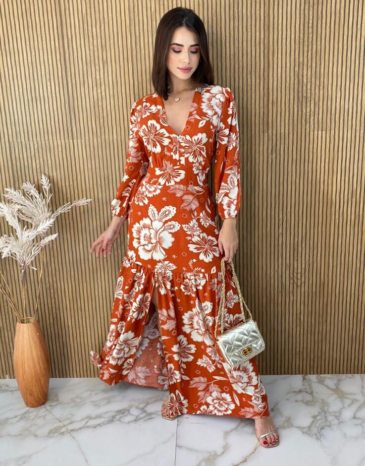 Vestido Longo sem Bojo Manga Longa com Abertura Floral Terracota - Fernanda Ramos Store
