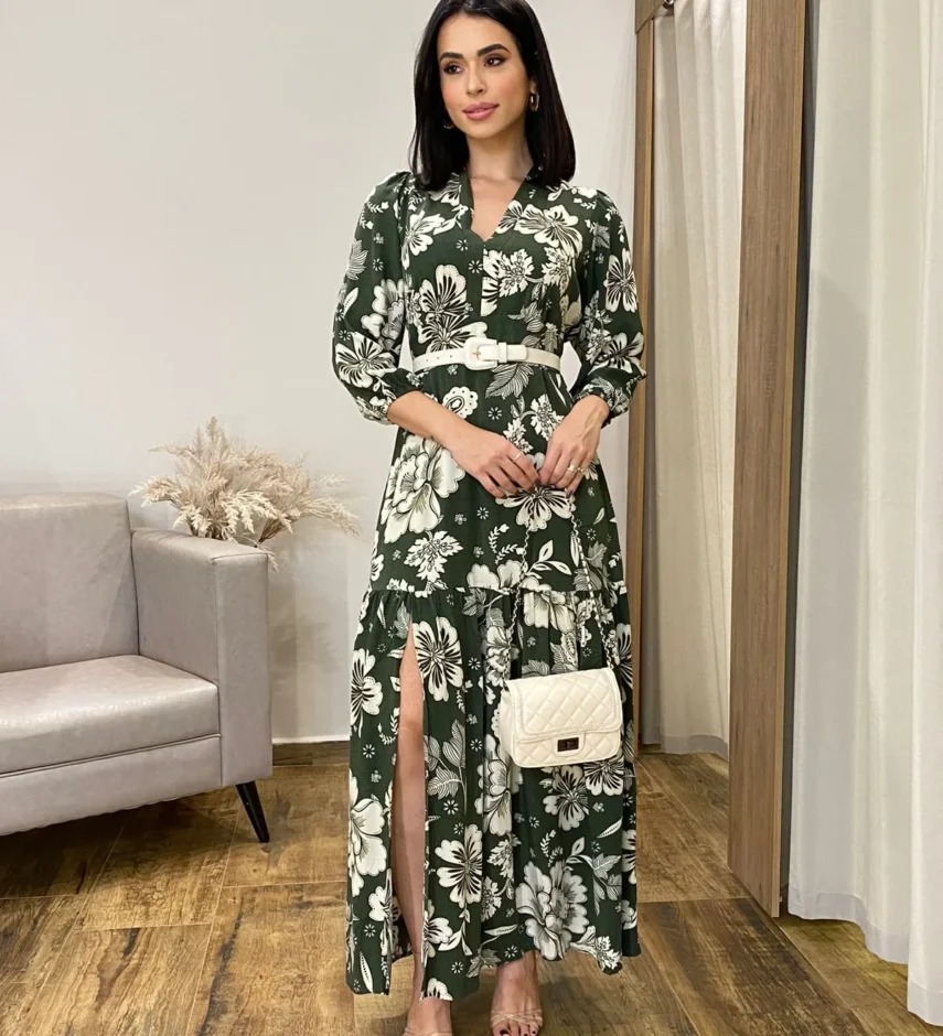 Vestido Longo sem Bojo Manga Longa com Abertura Floral Verde - Fernanda Ramos Store