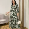 Vestido Longo sem Bojo Manga Longa com Abertura Floral Verde - Fernanda Ramos Store