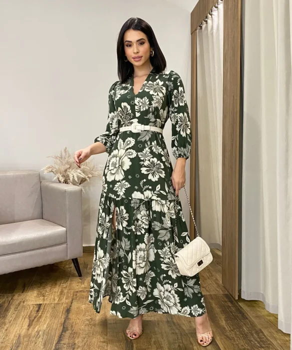 Vestido Longo sem Bojo Manga Longa com Abertura Floral Verde - Fernanda Ramos Store