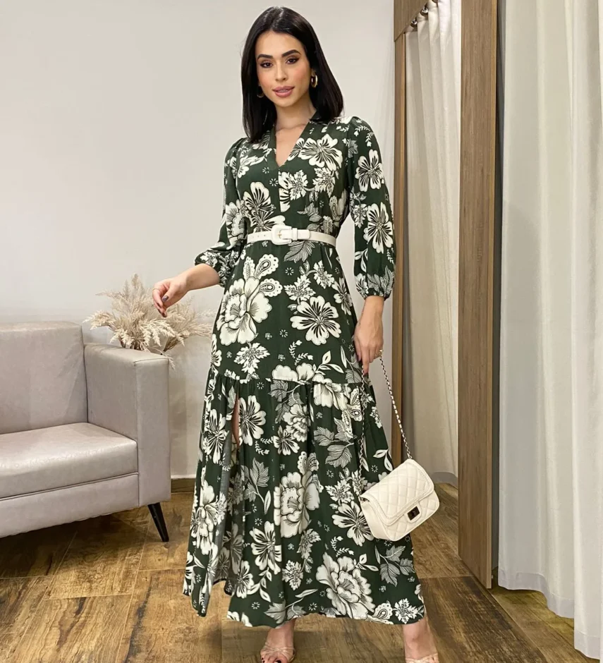 Vestido Longo sem Bojo Manga Longa com Abertura Floral Verde - Fernanda Ramos Store