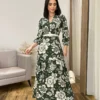 Vestido Longo sem Bojo Manga Longa com Abertura Floral Verde - Fernanda Ramos Store