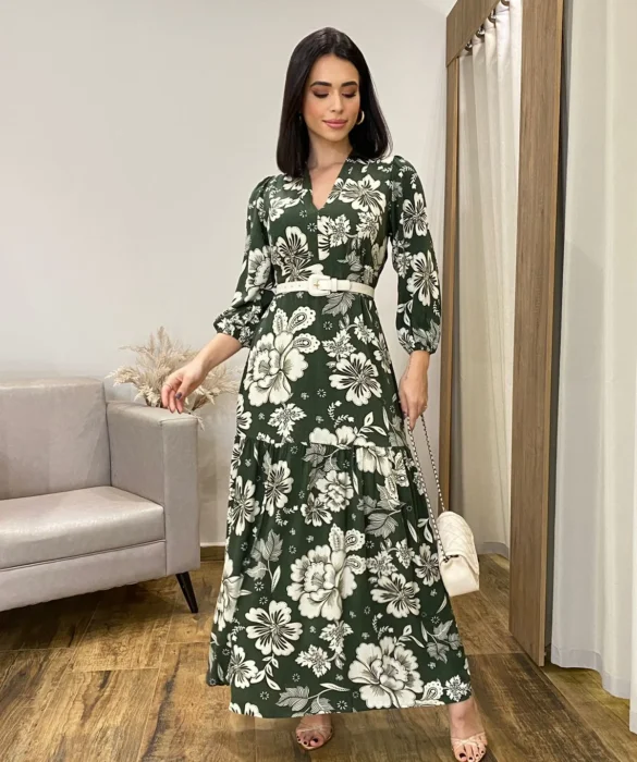 Vestido Longo sem Bojo Manga Longa com Abertura Floral Verde - Fernanda Ramos Store