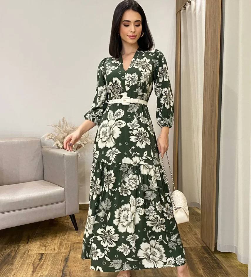 Vestido Longo sem Bojo Manga Longa com Abertura Floral Verde - Fernanda Ramos Store