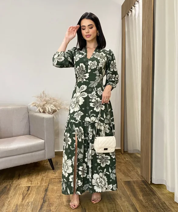 Vestido Longo sem Bojo Manga Longa com Abertura Floral Verde - Fernanda Ramos Store