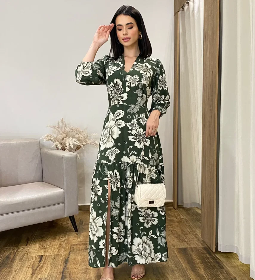 Vestido Longo sem Bojo Manga Longa com Abertura Floral Verde - Fernanda Ramos Store