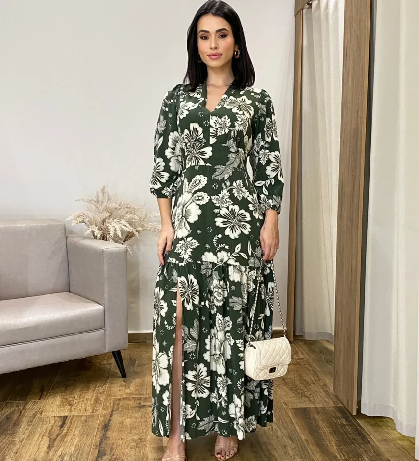 Vestido Longo sem Bojo Manga Longa com Abertura Floral Verde - Fernanda Ramos Store