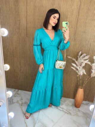 Vestido Longo sem Bojo Manga Longa com Detalhe Azul - Fernanda Ramos Store