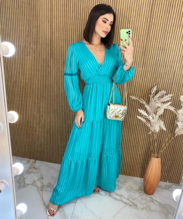 Vestido Longo sem Bojo Manga Longa com Detalhe Azul - Fernanda Ramos Store