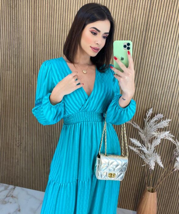 Vestido Longo sem Bojo Manga Longa com Detalhe Azul - Fernanda Ramos Store