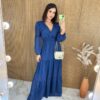 Vestido Longo sem Bojo Manga Longa com Detalhe Azul Escuro - Fernanda Ramos Store