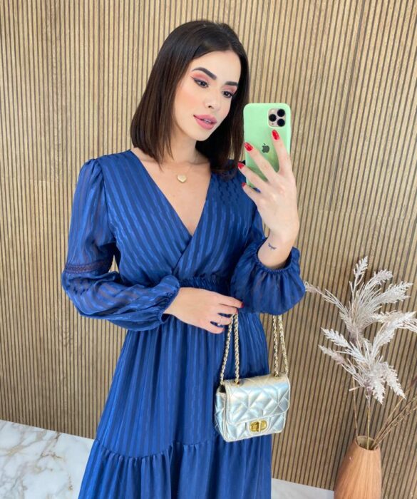 Vestido Longo sem Bojo Manga Longa com Detalhe Azul Escuro - Fernanda Ramos Store