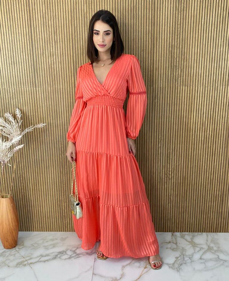 Vestido Longo sem Bojo Manga Longa com Detalhe Laranja - Fernanda Ramos Store
