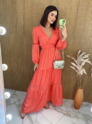 Vestido Longo sem Bojo Manga Longa com Detalhe Laranja - Fernanda Ramos Store