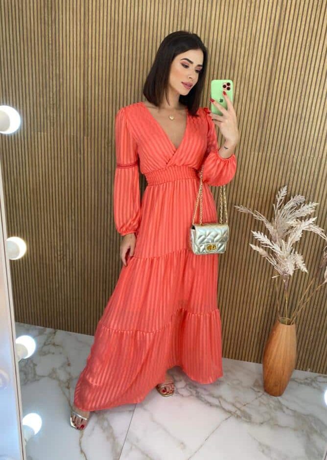 Vestido Longo sem Bojo Manga Longa com Detalhe Laranja - Fernanda Ramos Store