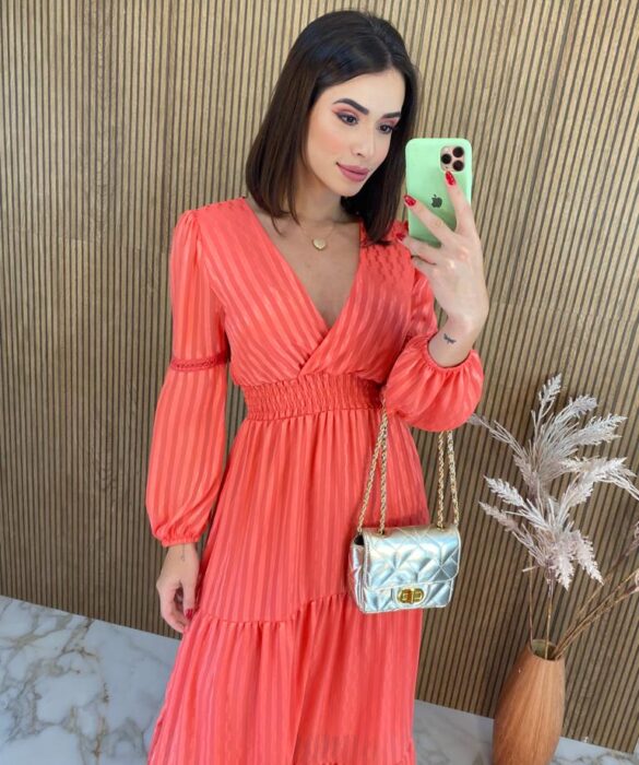 Vestido Longo sem Bojo Manga Longa com Detalhe Laranja - Fernanda Ramos Store