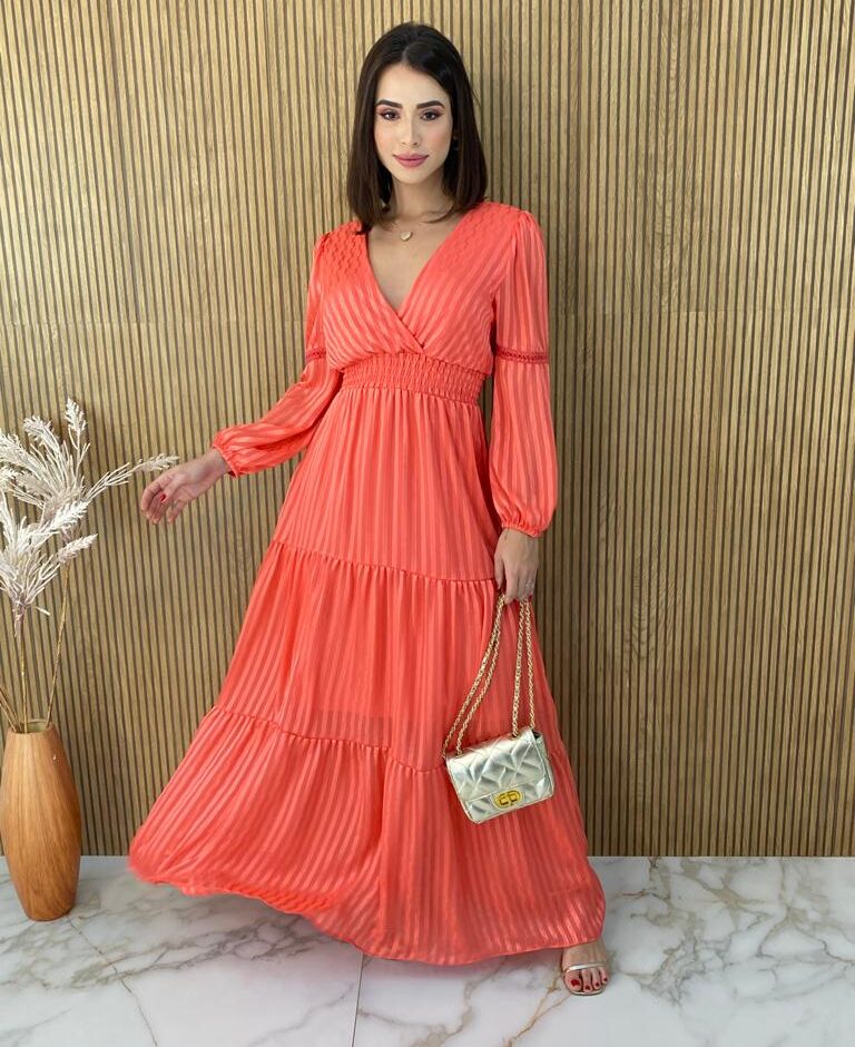 Vestido Longo sem Bojo Manga Longa com Detalhe Laranja - Fernanda Ramos Store