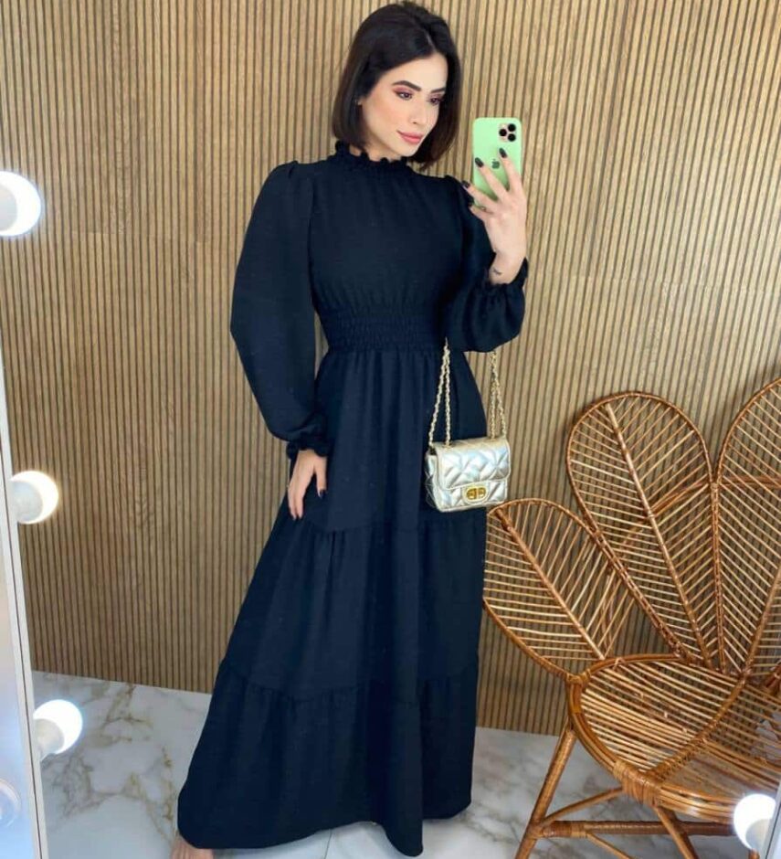Vestido Longo sem Bojo Manga Longa Detalhes em Lastex Preto - Fernanda Ramos Store