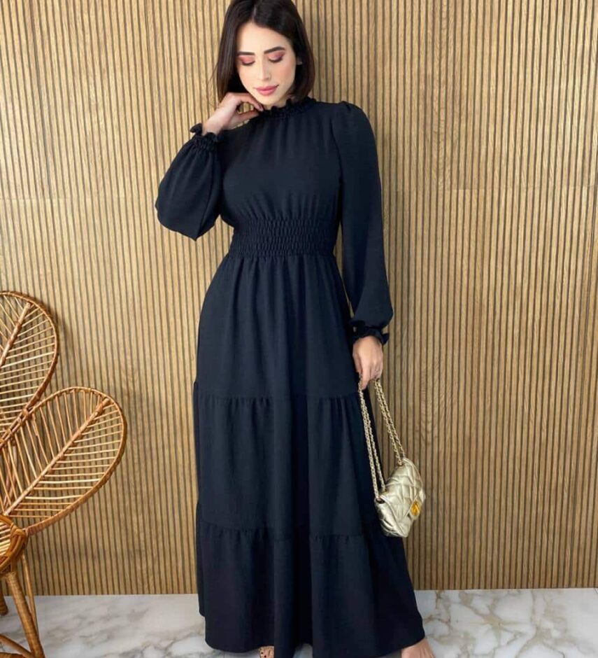 Vestido Longo sem Bojo Manga Longa Detalhes em Lastex Preto - Fernanda Ramos Store